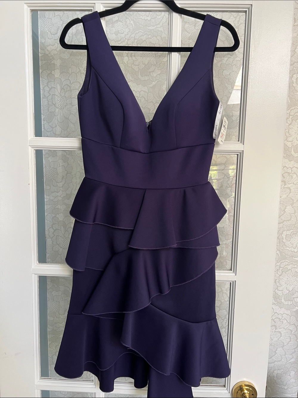 Jovani Deep Purple V-Neck Tiered Ruffle Midi Dress